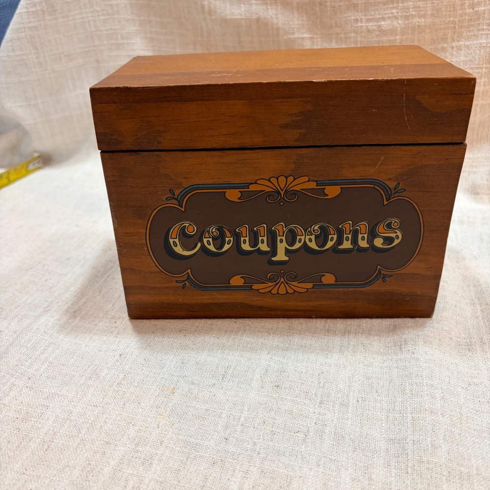 Vintage Wooden Coupon Storage Box Hinged Lid Retro‎ Brown Wood Kitchen Decor